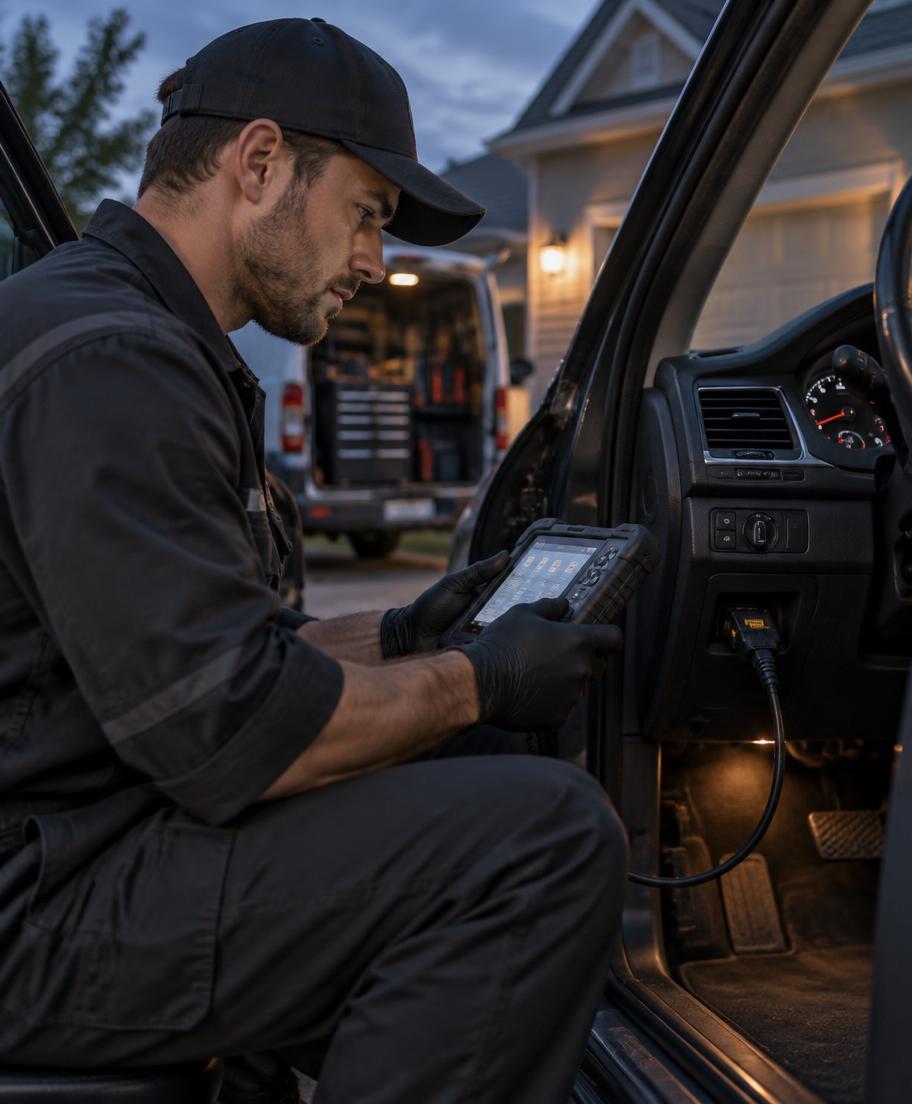 Mecánico de MecaXpress realizando un diagnóstico con escáner OBD2 en la cochera del cliente
